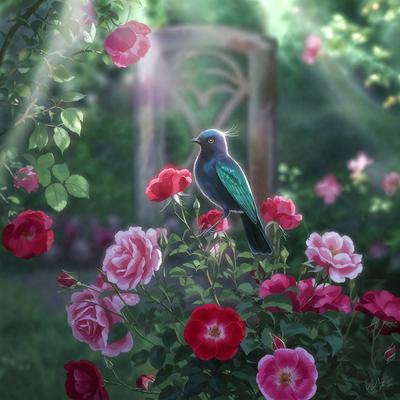 The primary subject of the image is a small bird perched on a branch surrounded by a variety of pink and red flowers. The setting is a garden with a bench nearby. The visual style is a combination of photo and digital art, creating a vibrant and lively atmosphere. The dominant colors are pink and red, which are prevalent in the flowers, and the overall mood is one of beauty and serenity.